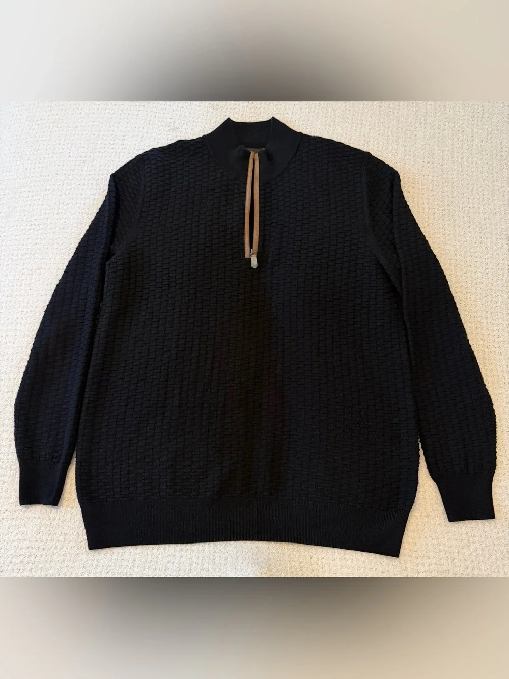 Bobby Jones Black Zip-Front Textured Knit Sweater with Tan Pull